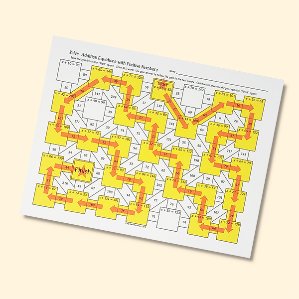 My Math Resources - Solving Addition Equations with Positive Numbers Maze